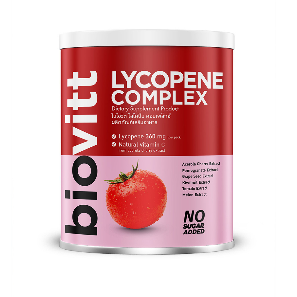 ราคาและรีวิวBiovitt lycophene Complex ไบโอวิต ไลโคปีน บำรุงผิว สายตา วิตามินหลายชนิด เพื่อผิวอมชมพู แบบมีเลือดฝาด ผงน้ำมะเขือเทศ