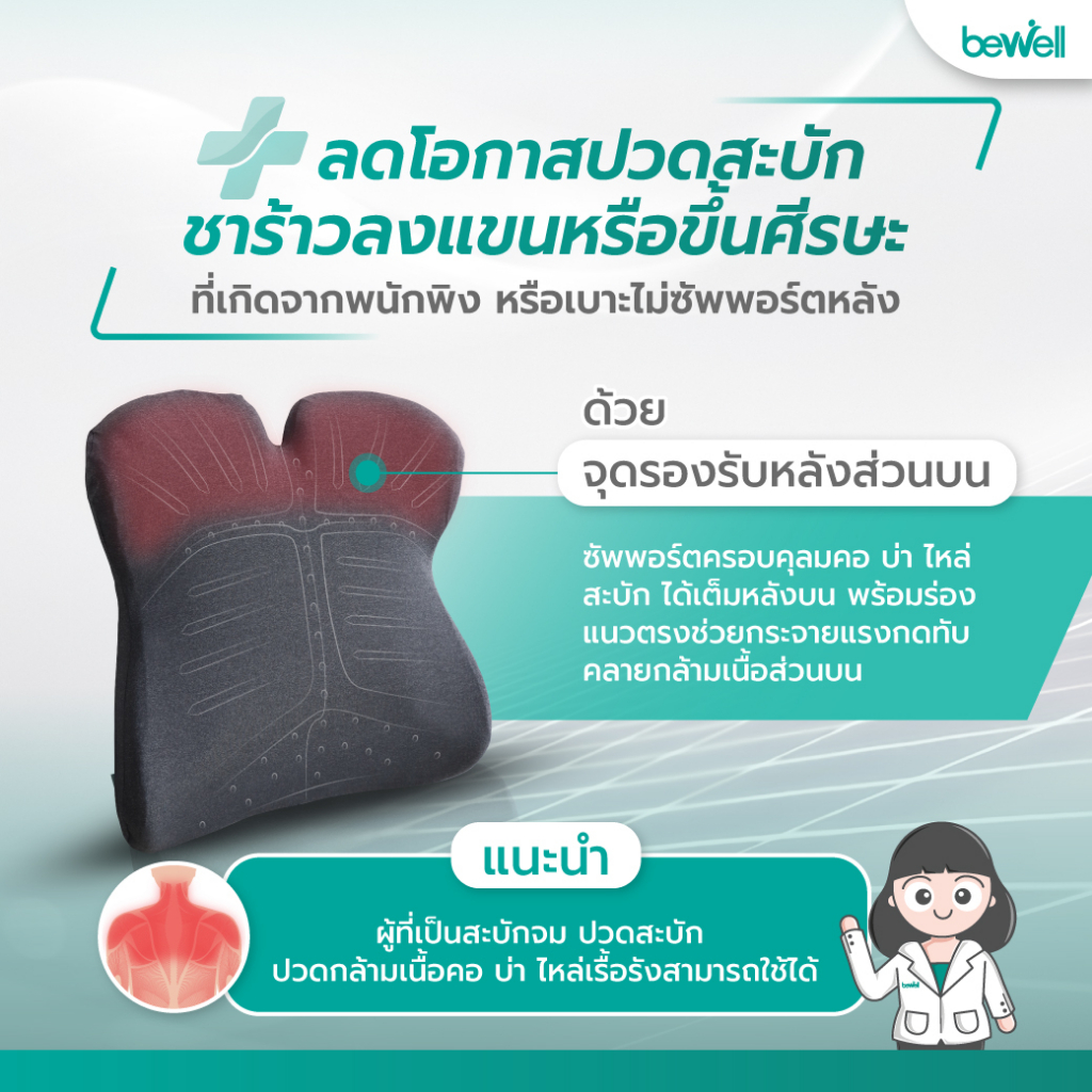 bewell-ergocushion-plus-เบาะรองหลังเมมโมรี่โฟม-ปกป้องเต็มหลัง-นั่งสบายที่สุด-ลิขสิทธิ์เฉพาะ-bewell-รับประกัน-3-ปี