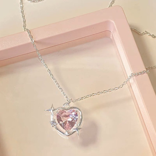 ꒰ สร้อยคอ Pinkheart crystal หัวใจเงินแท้ คริสตัลสีชมพู - Burwoodstore