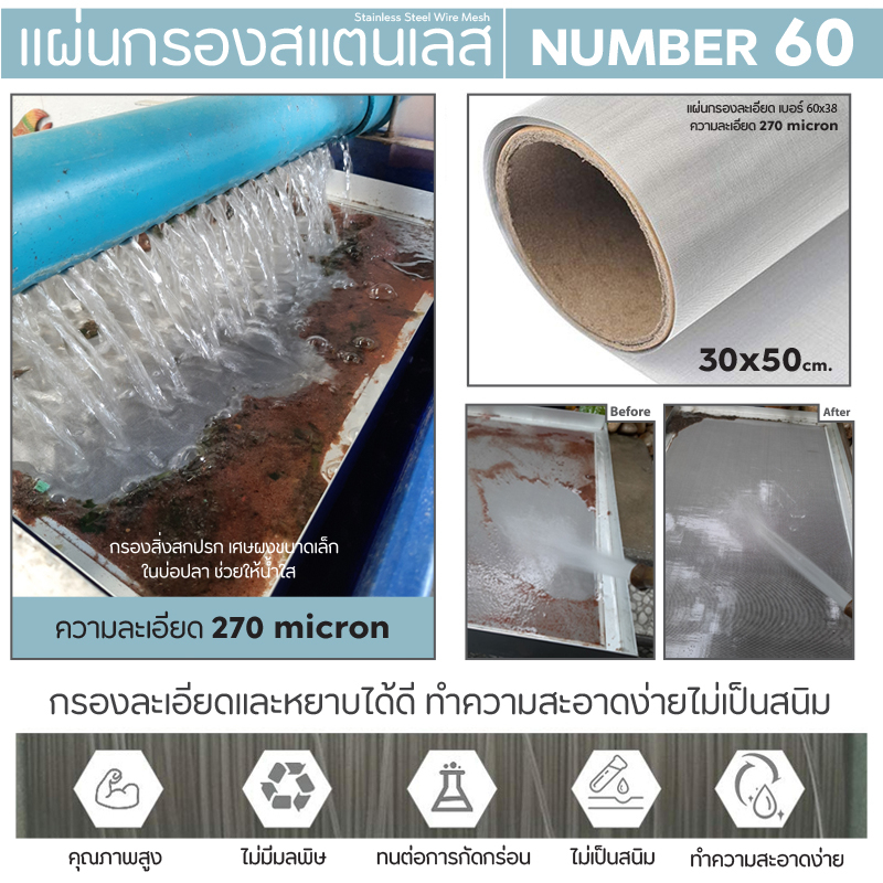 แผ่นกรองสแตนเลส-meshnumber60-270micron-วัสดุพรีเมี่ยมทำจากสแตนเลส-เกรด-304-รุ่นมาตราฐาน-แข็งแรง-ทนทานขนาด30x50cm