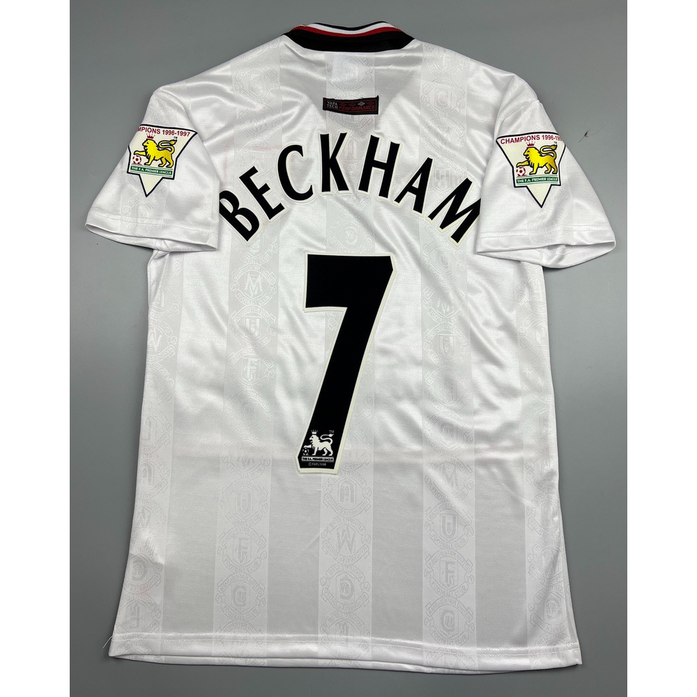 เสื้อบอล-ย้อนยุค-แมนยู-1997-เยือน-retro-manchester-united-away-พร้อมเบอร์ชื่อ-7-beckham-อาร์มพรีเมียร์-เรโทร-1997-99