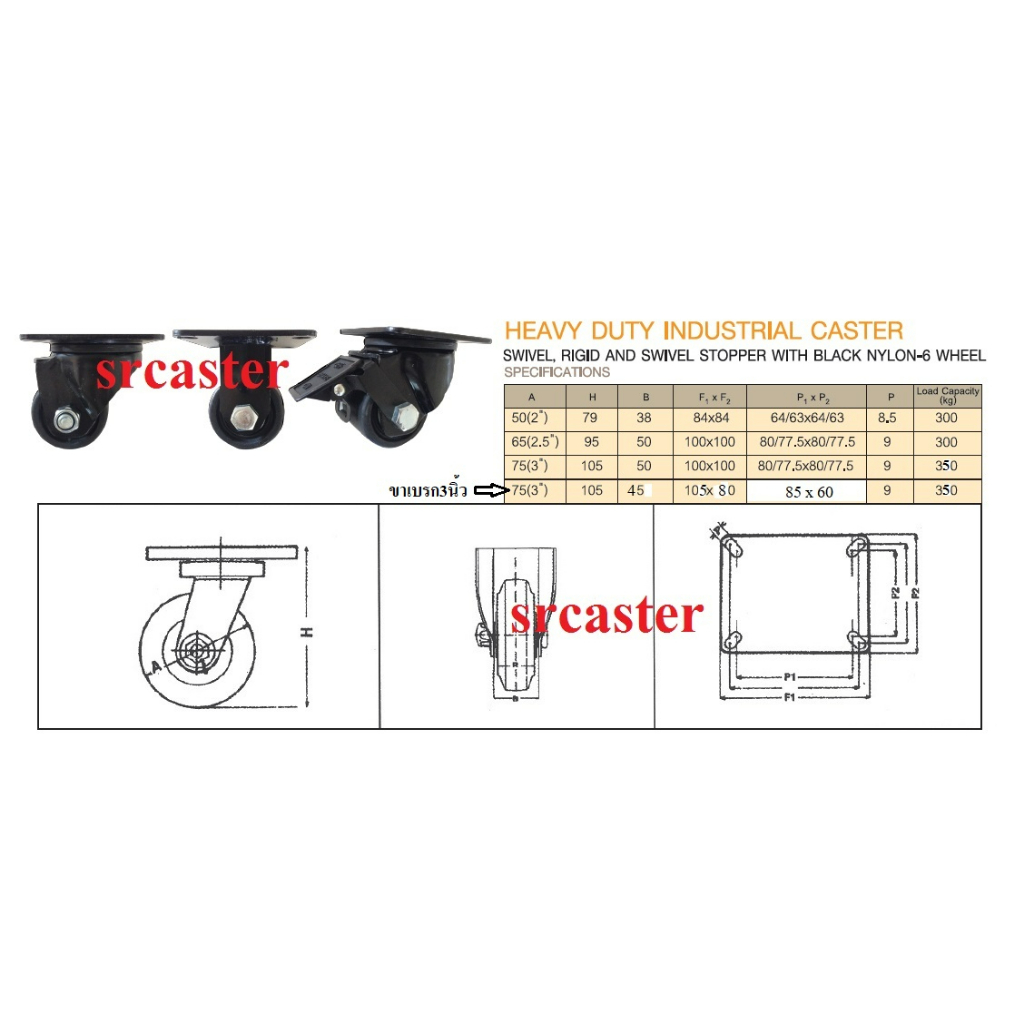 ล้อไนล่อน-ล้อไนล่อนดำ-ล้อไนล่อนสำหรับงานหนัก-heavy-duty-caster-ขนาด2นิ้ว-2-5นิ้ว-และ3นิ้วรับน้ำหนักได้300-350กก-ต่อ1ล้อ