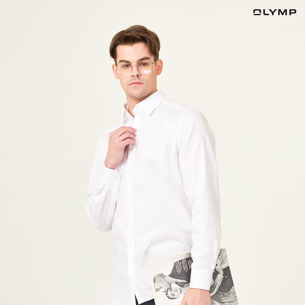 ภาพหน้าปกสินค้าOLYMP เสื้อเชิ้ตผู้ชาย แขนยาว ทรงพอดีตัว รีดง่าย ผ้าเท็กเจอร์สีขาว