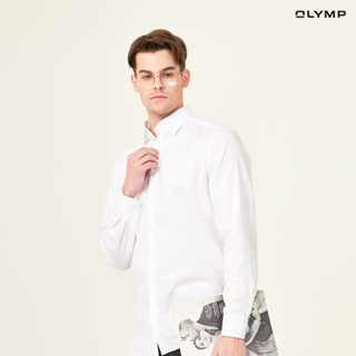 สินค้า OLYMP เสื้อเชิ้ตผู้ชาย แขนยาว ทรงพอดีตัว รีดง่าย ผ้าเท็กเจอร์สีขาว [LEVEL FIVE]