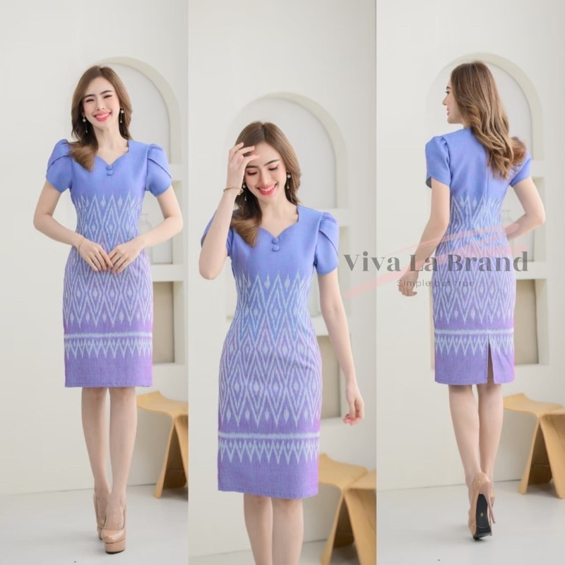 V180 เดรสผ้าทอลายคอหัวใจแขนกลีบบัว งานอัดกาวทั้งชุด ไซส์ L 3XL มุมมองที่ 5