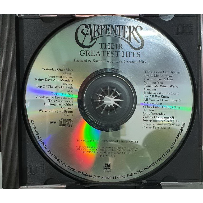 ซีดี-cd-carpenters-greatest-hits-made-in-jp-ปกแผ่นสภาพดีมีรอยบ้างใช้งานได้