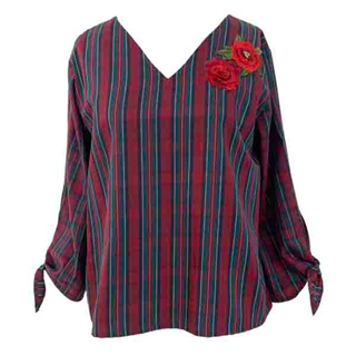 C&amp;D Cotton Blouse เสื้อเบลาส์ 2 way ใส่ได้2 ด้าน แต่งดอกไม้ ผ้าคอตตอนทอลายตาราง สีแดง (CV1RRE)