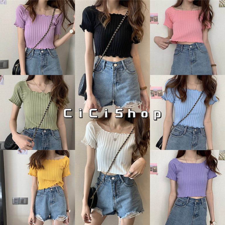 ภาพหน้าปกสินค้าCicishop พร้อมส่ง เสื้อไหมพรมแขนสั้น-ปาดไหล่ใส่ได้สองแบบ(2020)