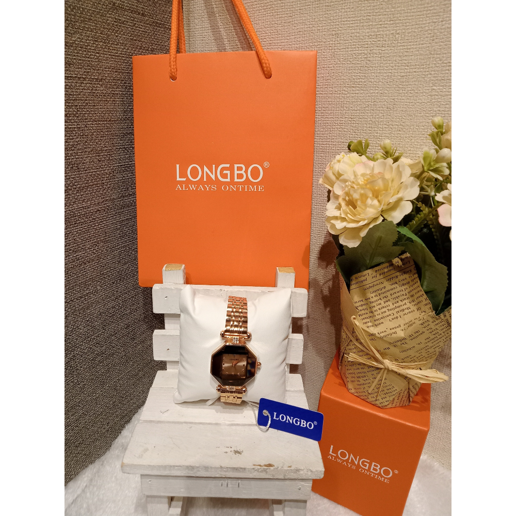 นาฬิกาlongbo-เรือนชมพูขาว-pink-gold-หน้าปัด8เหลี่ยม-ทรงสวย-นาฬิกา-longbo