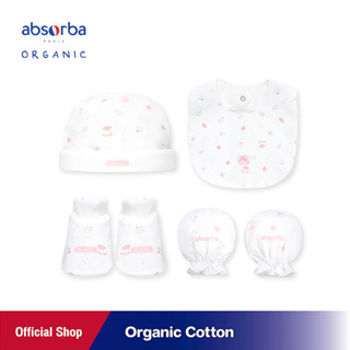 แอ็บซอร์บา (แพ็ค 1 เซ็ต) เซ็ตหมวก ถุงมือ ถุงเท้า ผ้ากันเปื้อน ออร์แกนิก คอตตอน สำหรับเด็กแรกเกิด - 3 เดือน Little Pink - AccSet