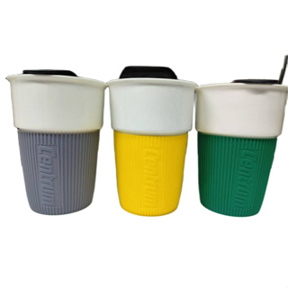 แก้วเซรามิค แก้วกาแฟ มียางจับกันร้อน พร้อมฝาปิด สามารถเข้าไมโครเวฟได้ มีสีเหลือง เขียว เทา