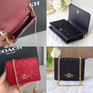 🎀 (สด-ผ่อน) กระเป๋าใส่บัตร สีแดงนูน สีดำนูน มีสายโซ่ COACH C7361 MINI WALLET ON A CHAIN IN SIGNATURE LEATHER