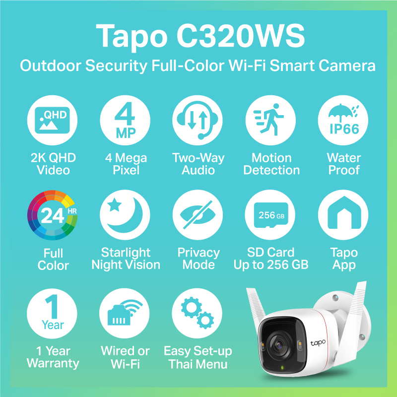 ภาพหน้าปกสินค้าTP-Link Tapo C320WS Outdoor Security Wi-Fi Camera 2K QHD มองเห็นและดู VDO มีสีสันยามค่ำคืน บันทึกภาพคมชัด 4MP พร้อมรับประกัน 2 ปี จากร้าน tplink_thailand บน Shopee