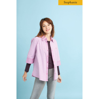 GSP Stephanie เสื้อมีปก แขนสี่ส่วน ลายทางสีขาวชมพู (OWSA4PI)