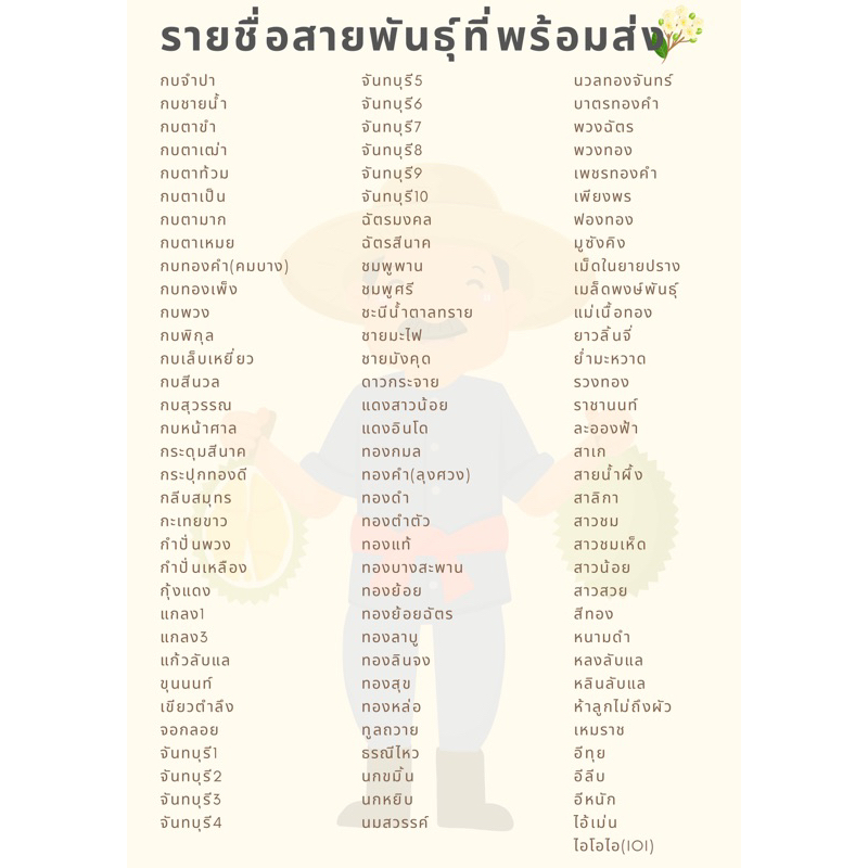 รายชื่อสายพันธุ์ต้นทุเรียนที่พร้อมส่ง-ทักแชทแจ้งสายพันธุ์ได้เลยค่ะ