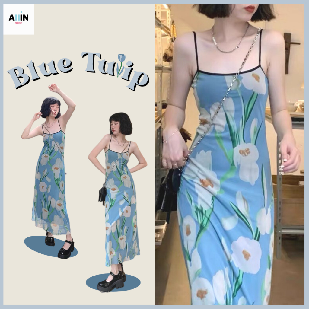 รูปภาพของพร้อมส่งBlue Tulip Dress เดรสทิวลิป เดรสสายเดี่ยว เดรสยาว ชุดกระโปรง เสื้อผ้าสไตล์เกาหลี เดรสลายดอก เดรสสีฟ้าลองเช็คราคา