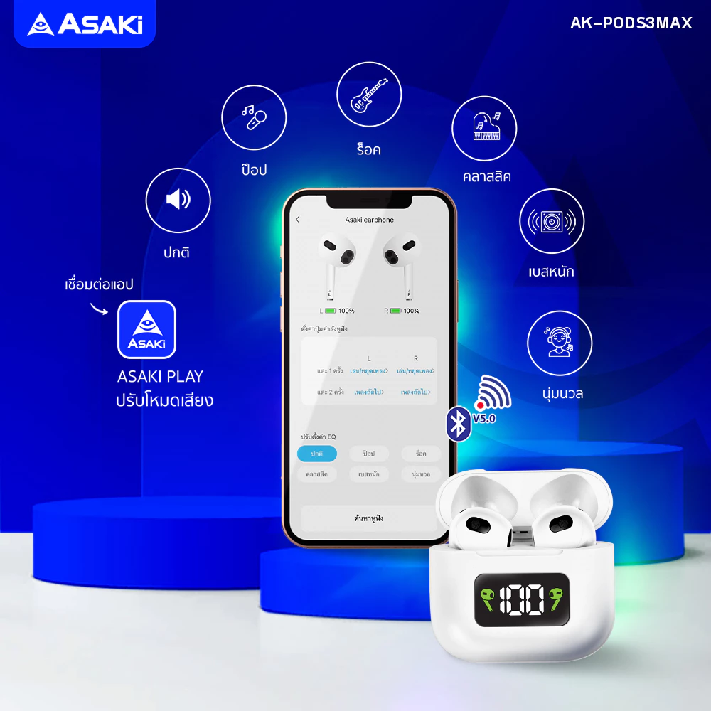 ASAKi AK-PODS3MAX Earphone หูฟังบลูทูธ 5.0 หูฟังไร้สาย พร้อมกล่องชาร์จ มีจอ LED ประกัน 1 ปี