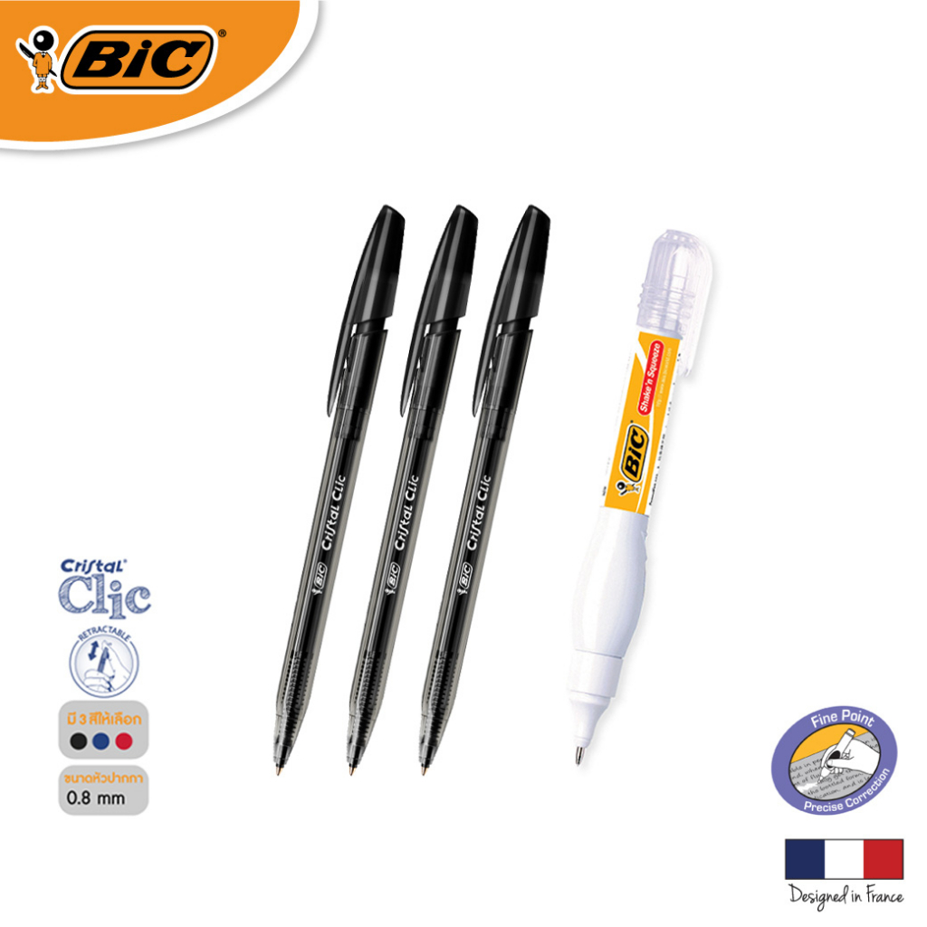 official-store-bic-บิค-ปากกา-cristal-clic-3-ด้าม-ปากกาลบคำผิด-1-ด้าม
