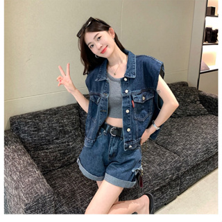 Cici(NO.008)Jean Set เสื้อกั๊กยีนส์+กางเกงขาสั้น กระเป๋าใช้งานได้จริง เนื้อผ้ายีนส์คือดีสุด น่ารักมากเกาหลีเกาใจ