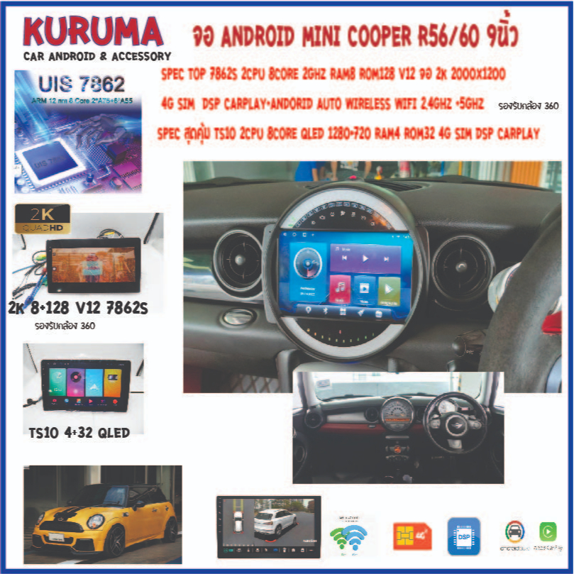 จอ Android Mini Cooper R50/R56 0713 9นิ้ว Snapdragon 8+256/7862 8+256/