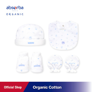 แอ็บซอร์บา (แพ็ค 1 เซ็ต) เซ็ตหมวก ถุงมือ ถุงเท้า ผ้ากันเปื้อน ออร์แกนิก คอตตอน สำหรับเด็กแรกเกิด - 3 เดือน Little Blue  - AccSet