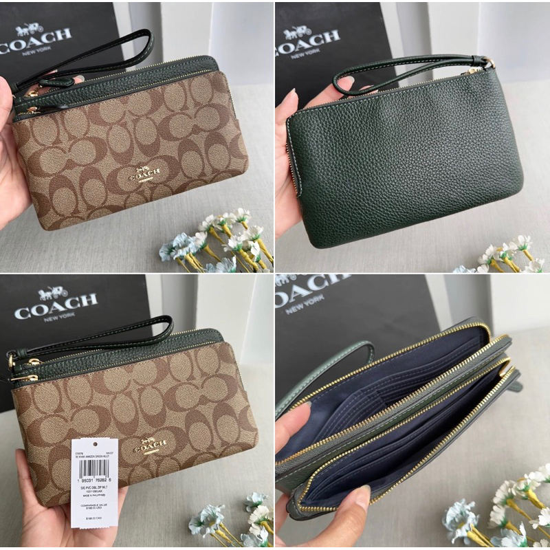 สด-ผ่อน-คล้องมือ-2l-น้ำตาลซีสายเขียว-coach-c5576-double-zip-wallet