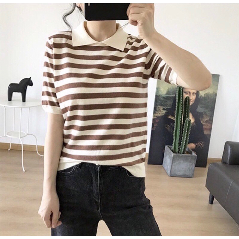preferredเสื้อยืดริ้วไหมพรมคอปก