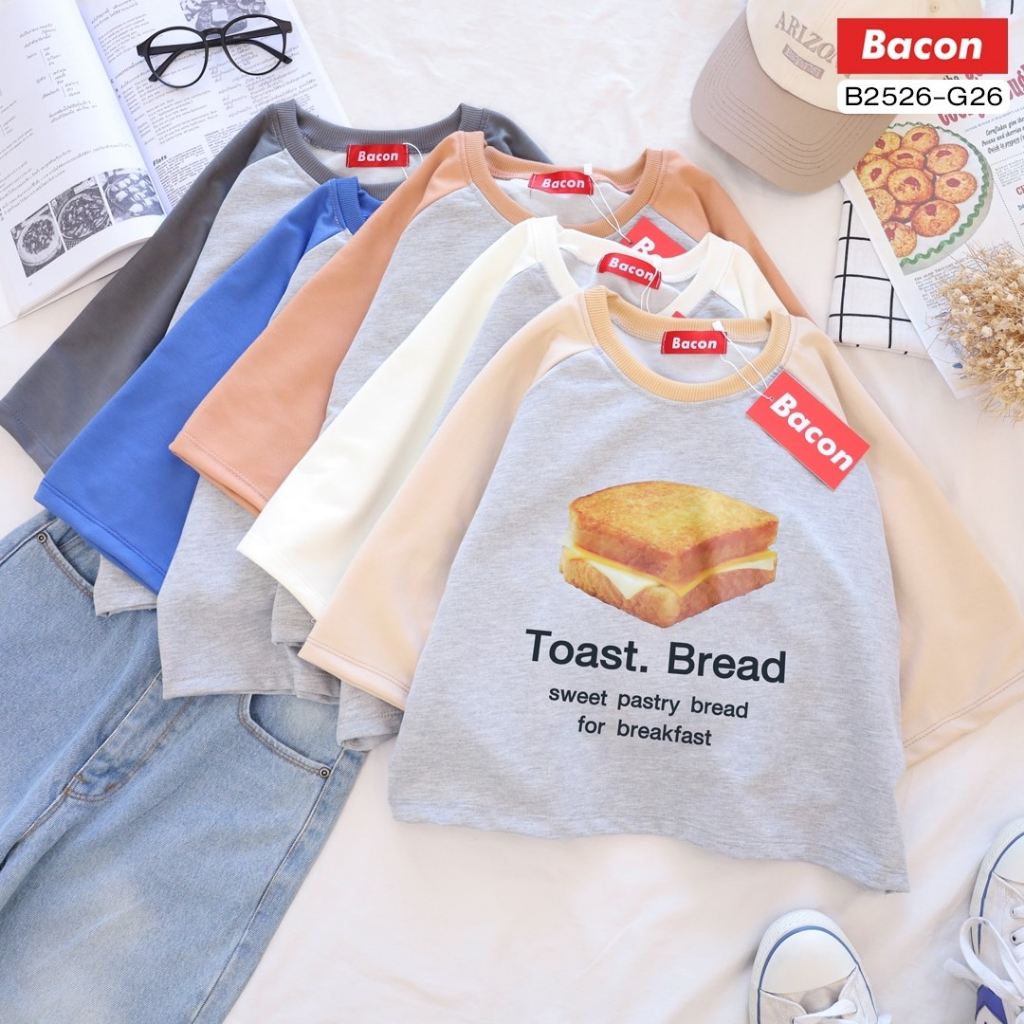 b2526-เสื้อครอป-ทูโทน-ผ้าเกล็ดปลา-สกรีน-toast-bread