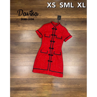เดรสคอจีน เดรสผ้าทวีตสีแดง 📍3188 งานป้าย Davika