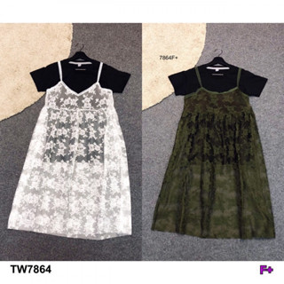 TW7864 เซ็ตเสื้อยืดคอตตอนคอหลมมาคู่กับเอี๊ยมกระโปรงสายเดี่ยว