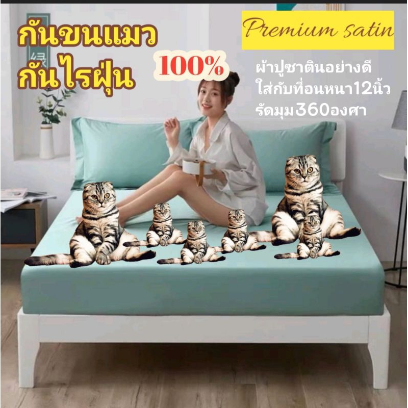 ชุดผ้าปูทีนอนซาติน6ฟุตหนา12นิ้วพรีเมี่ยมชุด5ชิ้น-ผ้าลื่นกันขนแมว100