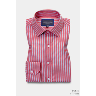Cotton Stripe 1cm White Pattern Stitch Spread Collar Shirt-เสื้อเชิ้ตสีแดงลายทาง