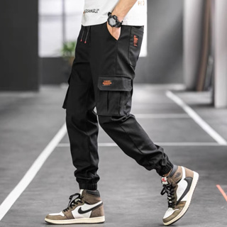 กางเกงขายาว ผู้ชาย เอวยืด ขาจั้มพ์ Jogger Pants ผ้าคอตต้อน สีพื้น ไซส์ M-5XL