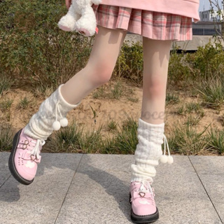 🔥Sale🔥ปลอกขาไหมพรม สไตล์ญี่ปุ่น โลลิต้า ถุงเท้าสีขาว แฟชั่นฤดูหนาว ดีเทลปอมปอม
