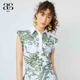 [asv rs23] Wildflower Polo Shirt เสื้อโปโลผู้หญิง แขนกุด แต่งกระเป๋าคู่ด้านหน้า ผ้าลายดอกไม้