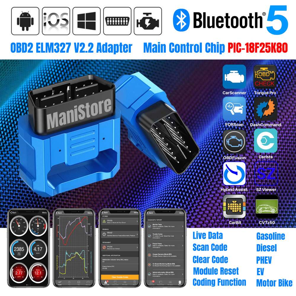 ภาพหน้าปกสินค้าV018 ELM327 V2.2 Bluetooth 5.0 OBD2 Adapter for iOS Android Realtime Data & Diagnostic Tool