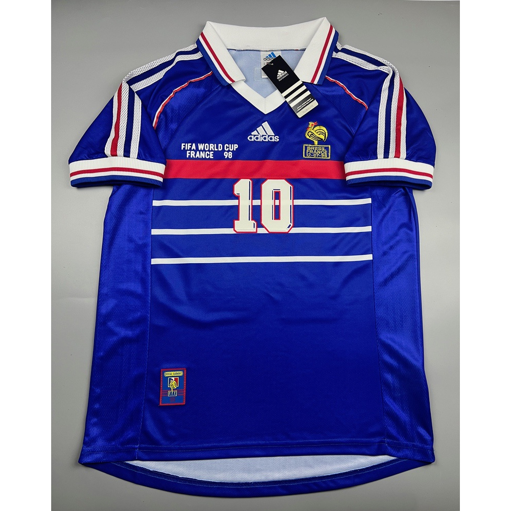 เสื้อบอล-ย้อนยุค-ทีมชาติ-ฝรั่งเศส-1998-เหย้า-retro-france-home-พร้อมเบอร์ชื่อ-10-zidane-แชมป์บอลโลก-world-cup-champions