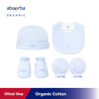 แอ็บซอร์บา (แพ็ค 1 เซ็ต) เซ็ตหมวก ถุงมือ ถุงเท้า ผ้ากันเปื้อน ออร์แกนิก คอตตอน สำหรับเด็กแรกเกิด - 3 เดือน Chicky Blue - AccSet