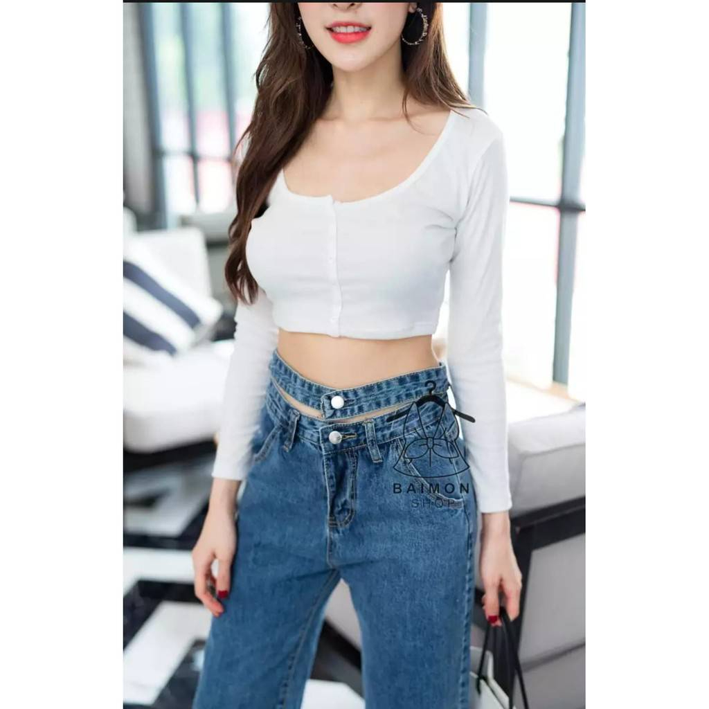 เสื้อครอปแต่งกระดุมหน้าแขนยาว เอวลอย (ผ้าร่อง) ครอปเก๋ น่ารัก ผ้ายืด ...