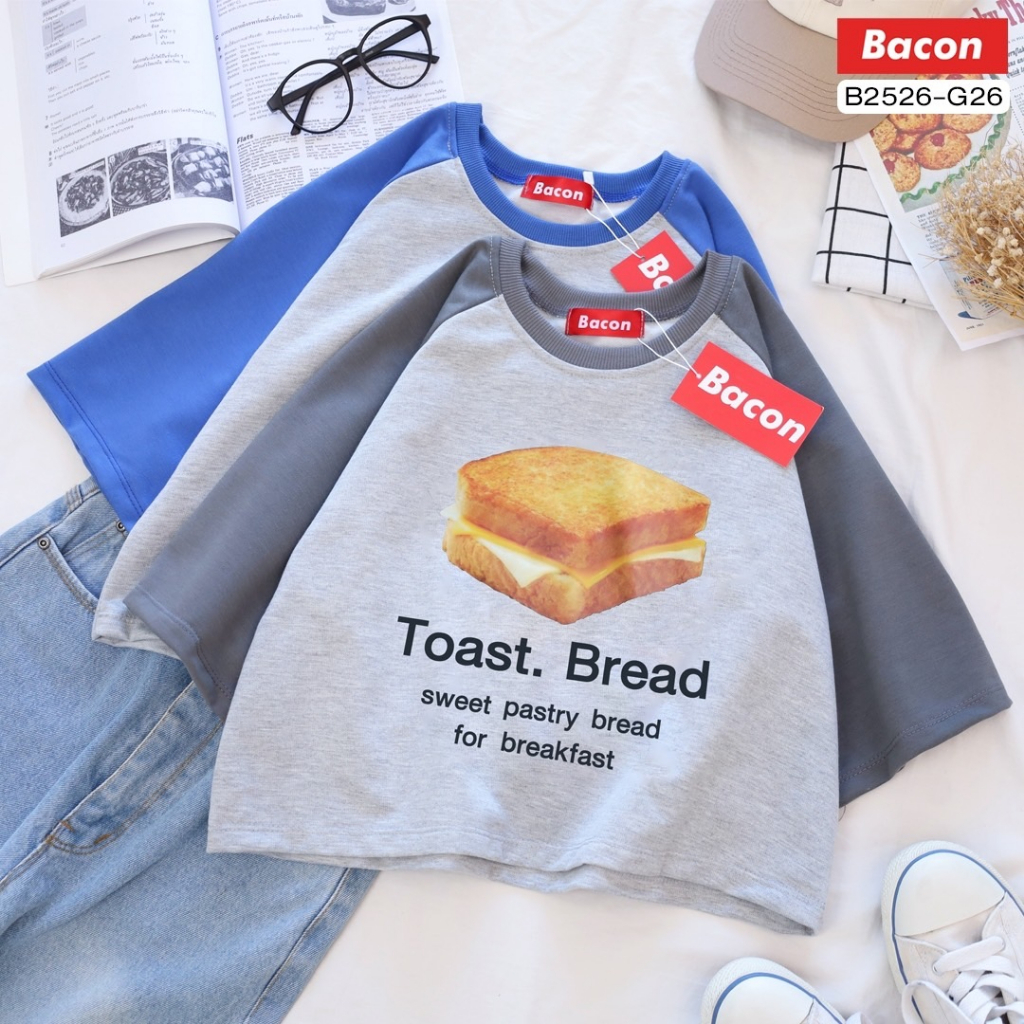 b2526-เสื้อครอป-ทูโทน-ผ้าเกล็ดปลา-สกรีน-toast-bread