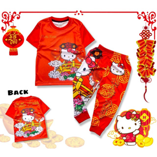 02 ชุดเด็ก ชุดเซ็ตเด็ก ชุดตรุษจีนเด็ก งานผ้าไมโคร พิมพ์ลายการ์ตูนทั้งชุด ลาย แมว KT (เสื้อแขนสั้น + กางเกงขายาว)