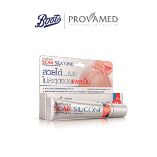 Provamed Scar Slicone 10G   โปรวาเมด ผลิตภัณฑ์ดูแลผิวที่มีรอยแผลเป็น เหมาะสำหรับผิวที่มีแผลเป็นจากอุบัติเหตุ แผลไฟไหม้ น้ำร้อนลวก และแผลที่เกิดจากการผ่าตัดทุกชนิด 10g