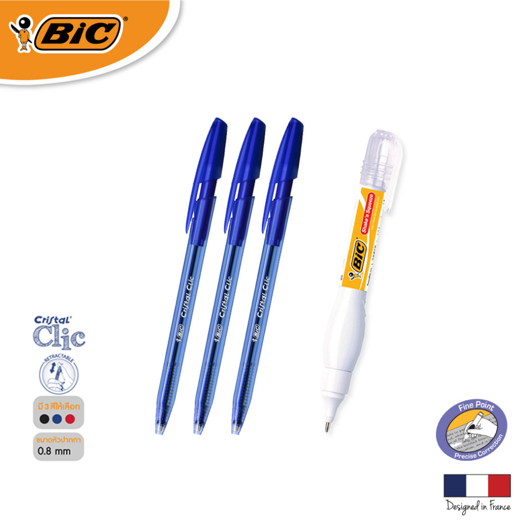 official-store-bic-บิค-ปากกา-cristal-clic-3-ด้าม-ปากกาลบคำผิด-1-ด้าม