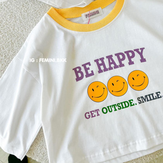 FEMINI.BKK : เสื้อครอป Cotton 100% ตัวสั้น Be happy สีขาว คอเสื้อสีเหลือง  (Free size)