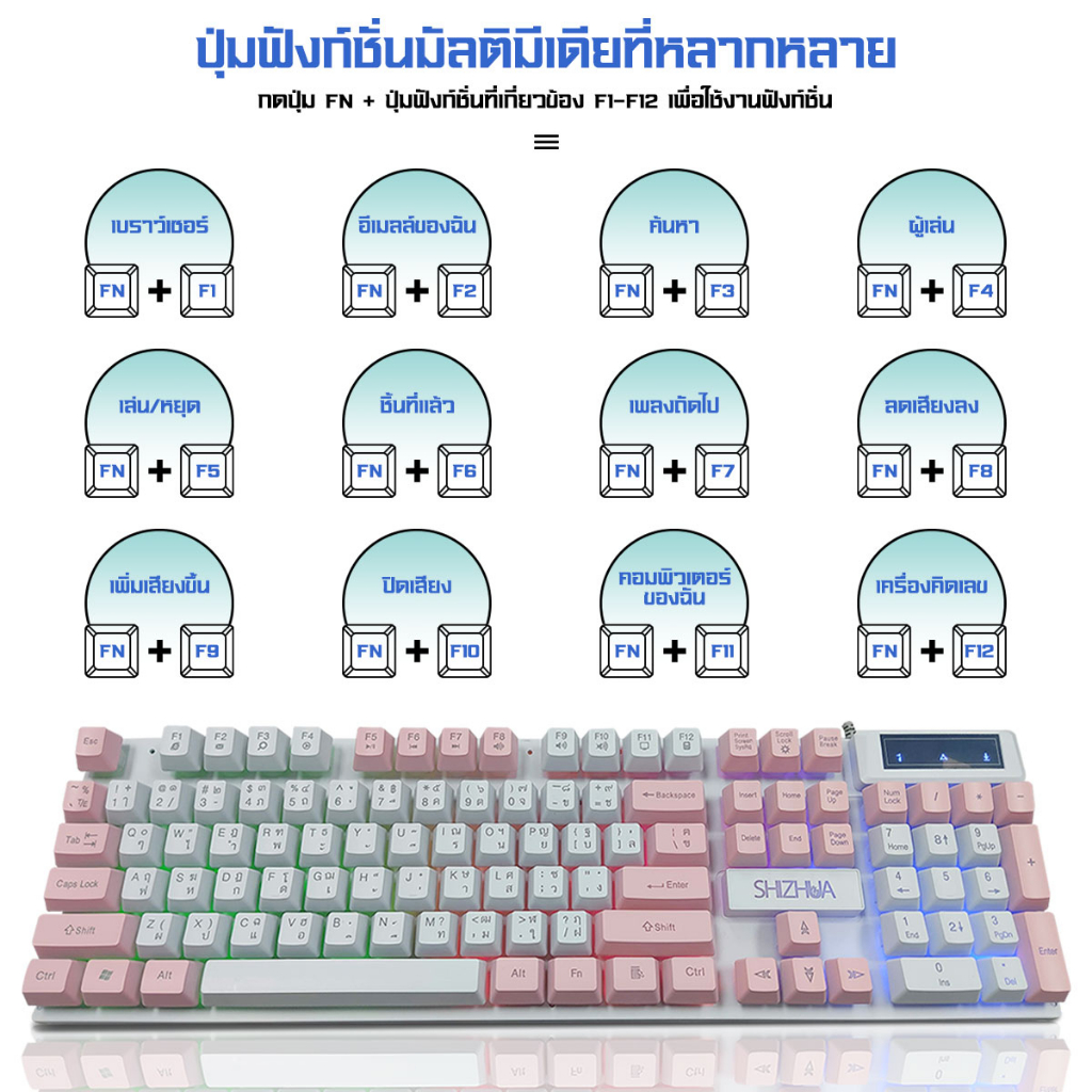 ภาพสินค้าShiZhua คีย์บอร์ด LED คีบอร์ดเกมมิ่ง ภาษาไทย USB Keyboard ไฟรุ้ง 7 สี สองเวอร์ชั่น: อังกฤษ / ไทย ️Thai version  A-058 จากร้าน kaixinshop88 บน Shopee ภาพที่ 8