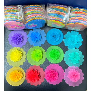 รุ่นคละสี กระดาษสาพับห่อเหรียญโปรยทาน โหลละ12ถุง ราคา100บาท (เฉลี่ยถุงละ8.3บาท) ถุงละ50แผ่น (รวม 600 แผ่น) พร้อมหนังยาง