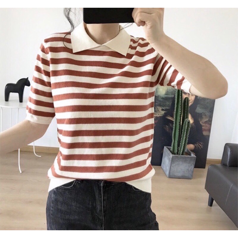 preferredเสื้อยืดริ้วไหมพรมคอปก