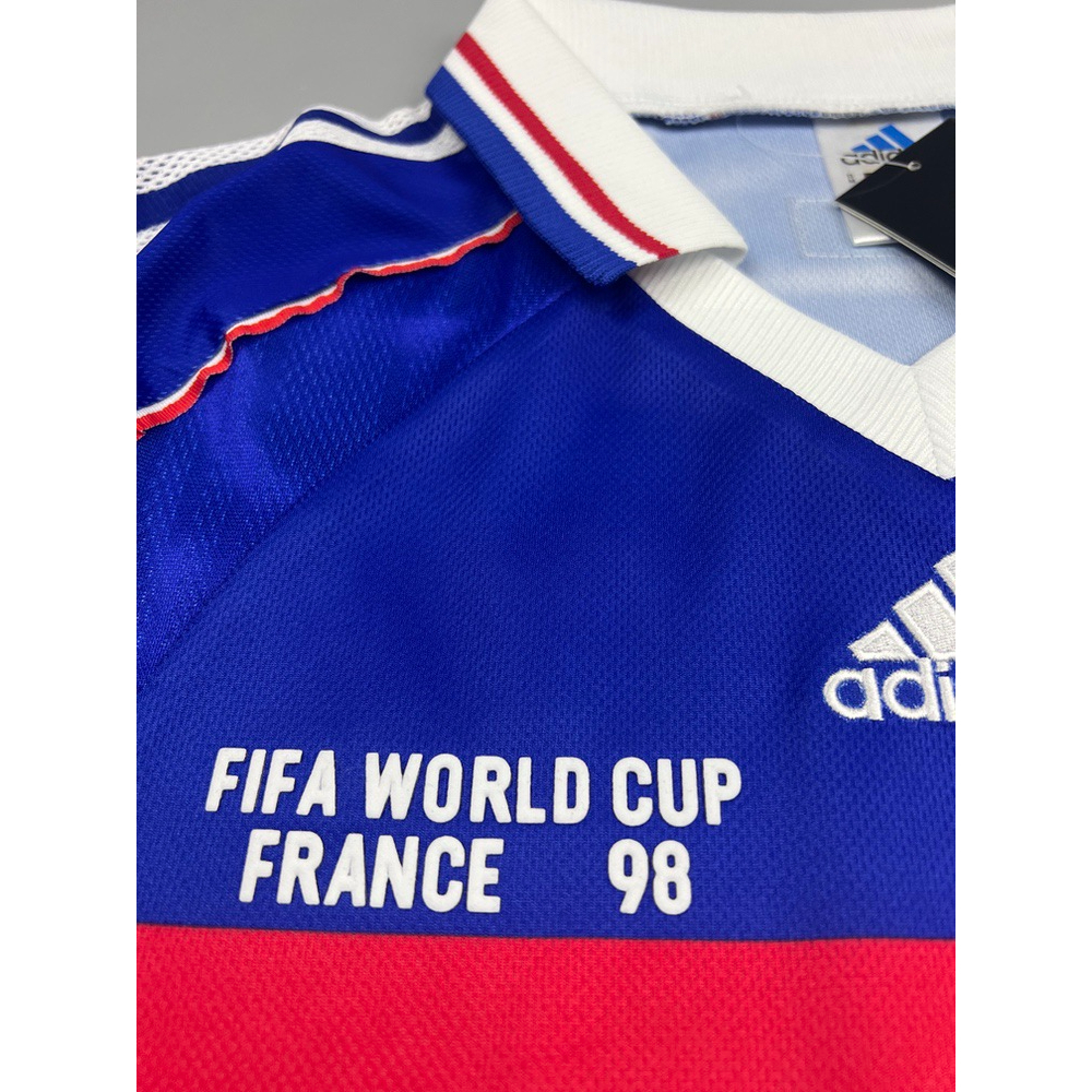 เสื้อบอล-ย้อนยุค-ทีมชาติ-ฝรั่งเศส-1998-เหย้า-retro-france-home-พร้อมเบอร์ชื่อ-10-zidane-แชมป์บอลโลก-world-cup-champions