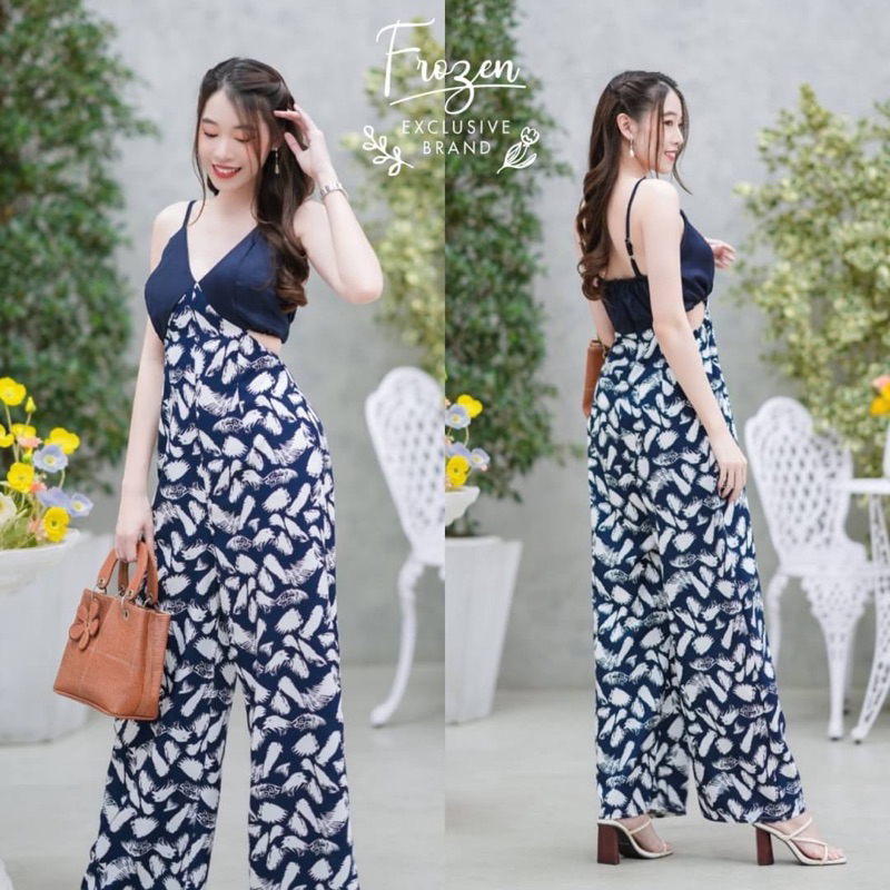 jumpsuit-จั้มสูทสายเดี่ยว-ผ้าแต่งซาร่าพื้นตัดกับผ้าพิมพ์ลาย-งานสวย-ดีเทลเก๋