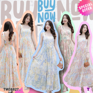 B16827 แม็กซี่เดรสแขนกุดแต่งระบาย ลายดอก Sleeveless maxi dress with floral print..